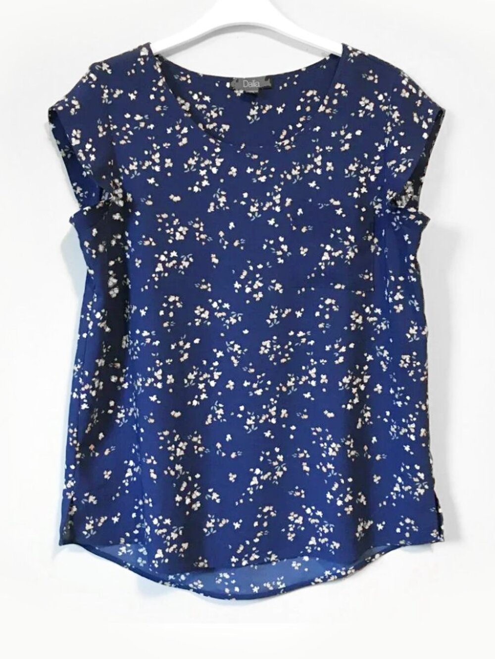 Dalia Blue Cap Sleeve Ditsy Floral Print Top Small